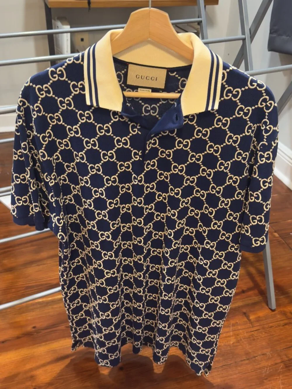 Gucci GG Monogram Jacquard Polo Shirt Navy Ivory Size Large Made in Italy